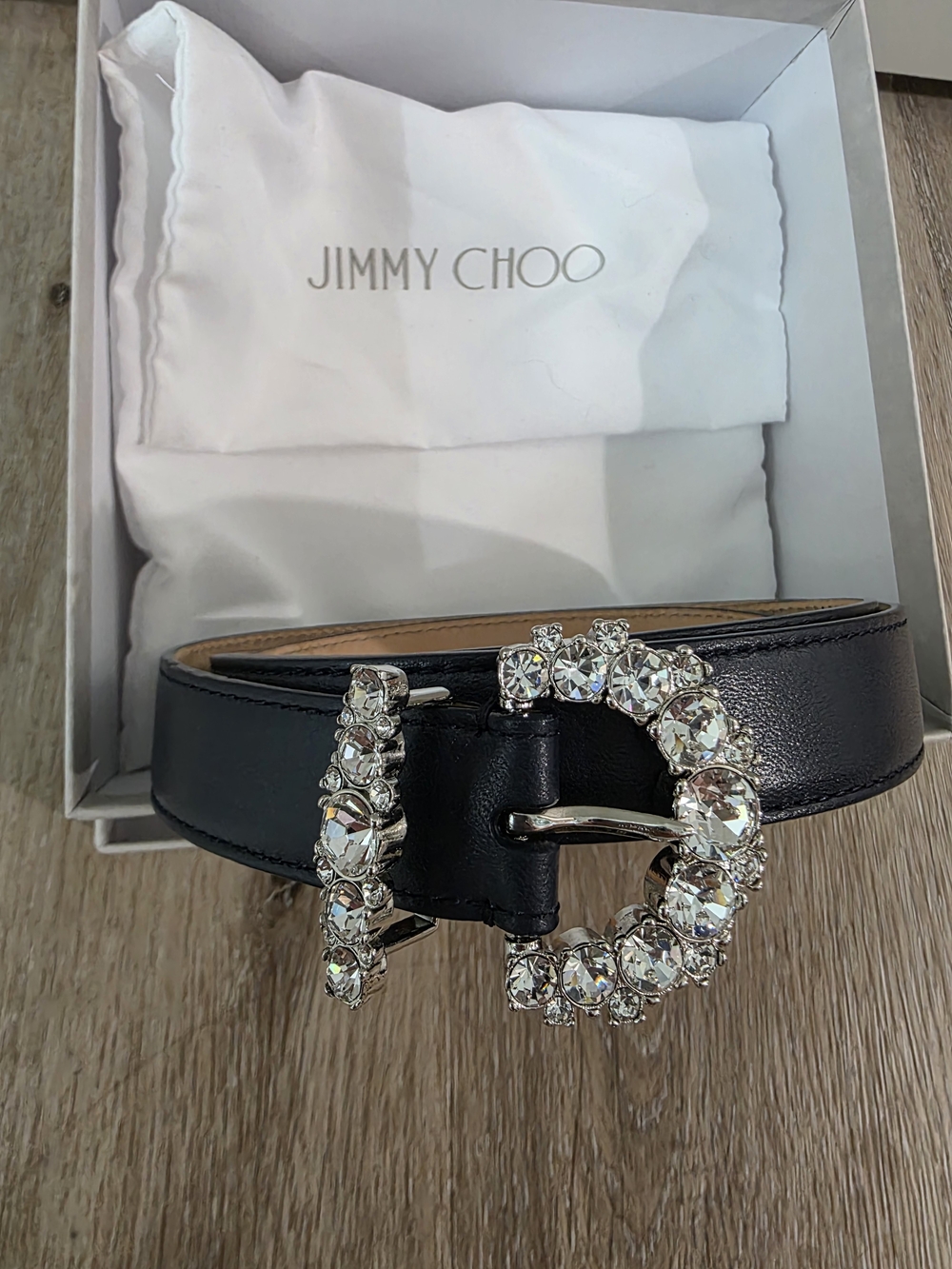Jimmy Choo Navy Leather Crystal Buckle Belt